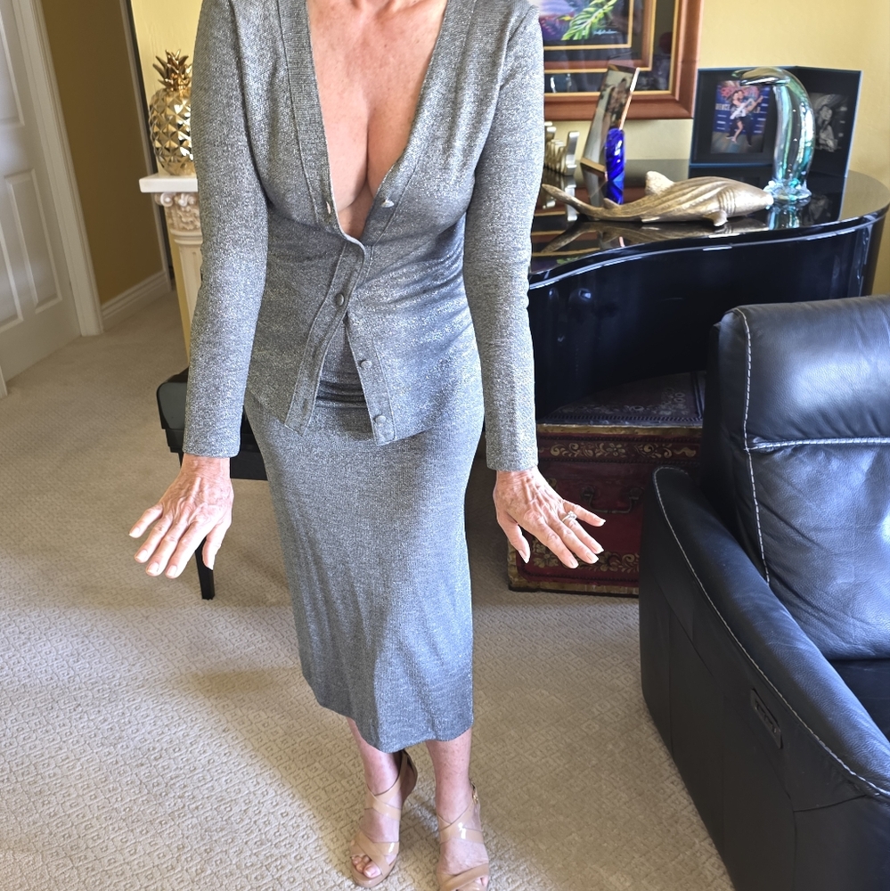 Polly Peck Silver Long Sleeve Top & Midi Skirt Set